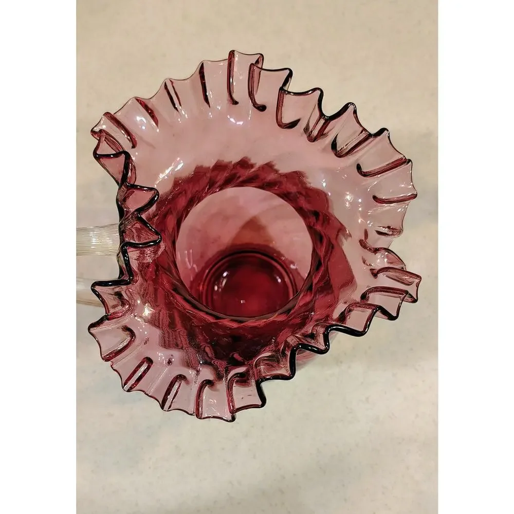 Fenton Cranberry Glass Pitcher Ruffled Rim Swirl Dot Optic Clear Handle 10